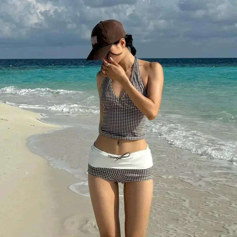 New sexy deep V push-up bikini set with halter top and high-waisted checkered bottoms on the beach