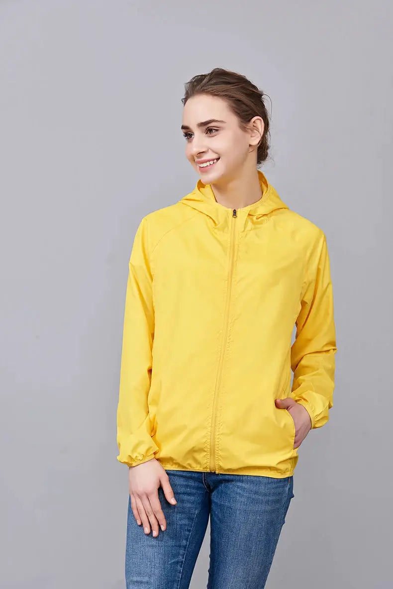 JNLN unisex hiking jacket, yellow windbreaker with hood, full-zip
