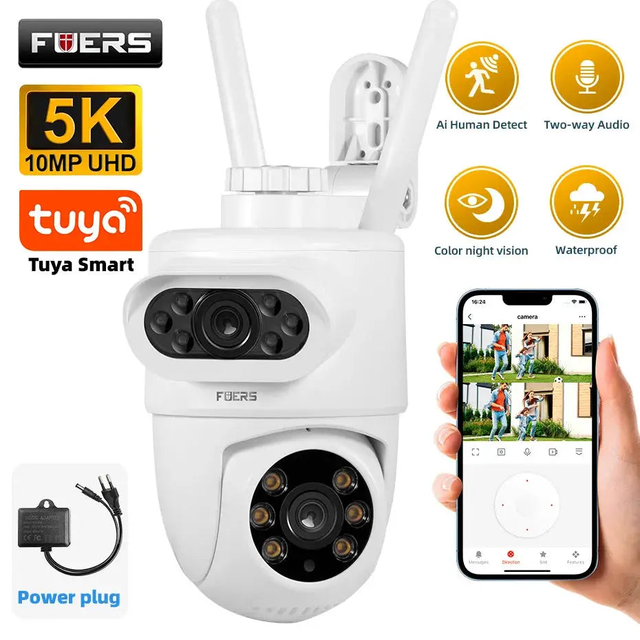 FUERS 5K 10MP dual-lens outdoor WiFi security camera, Tuya Smart, white waterproof CCTV with auto-tracking