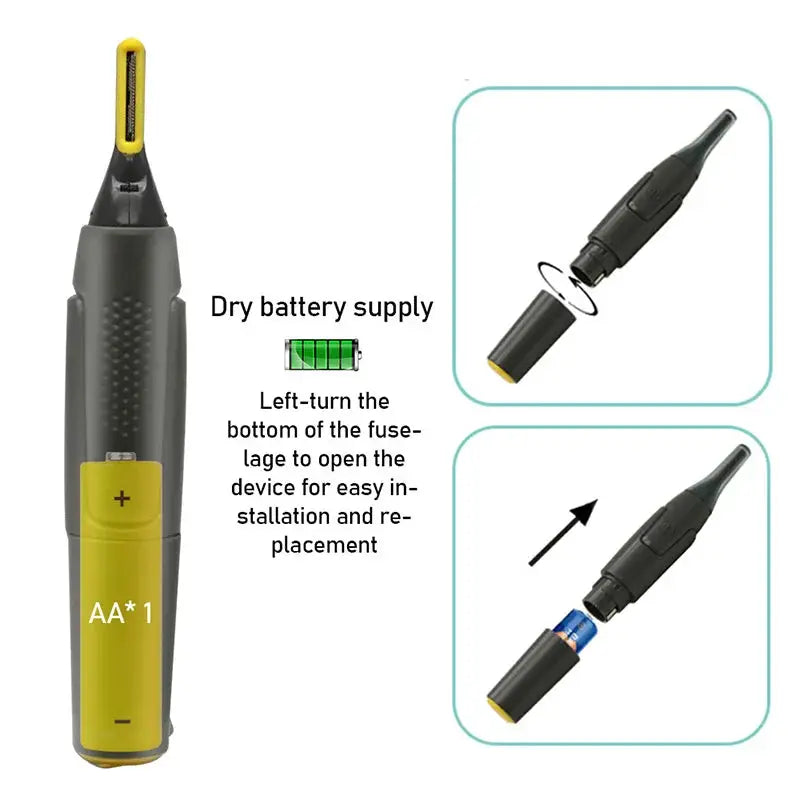 Simples Market nose/ear/face trimmer; black and yellow handheld electric nose hair remover with AA battery and two tips