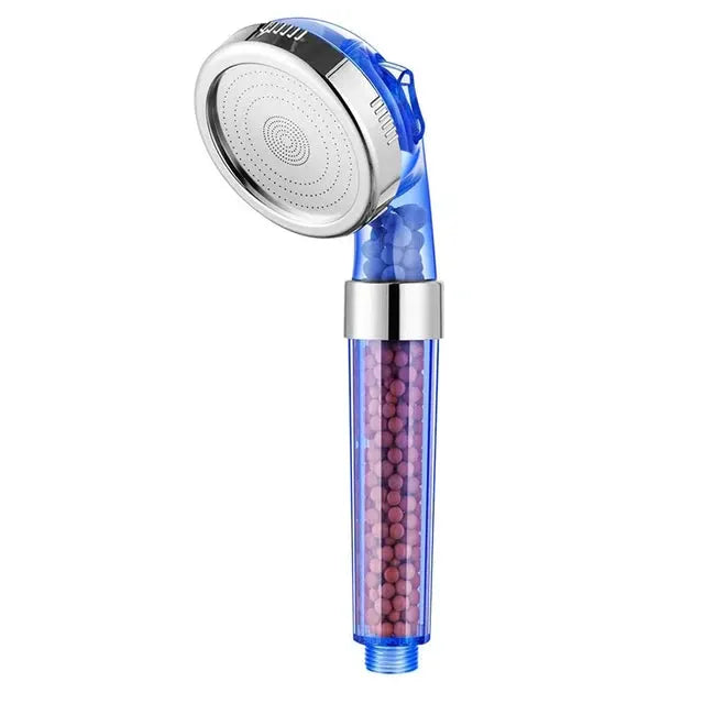 Simples Market 3-function handheld spa shower head with anion filter and high-pressure spray, blue transparent handle.