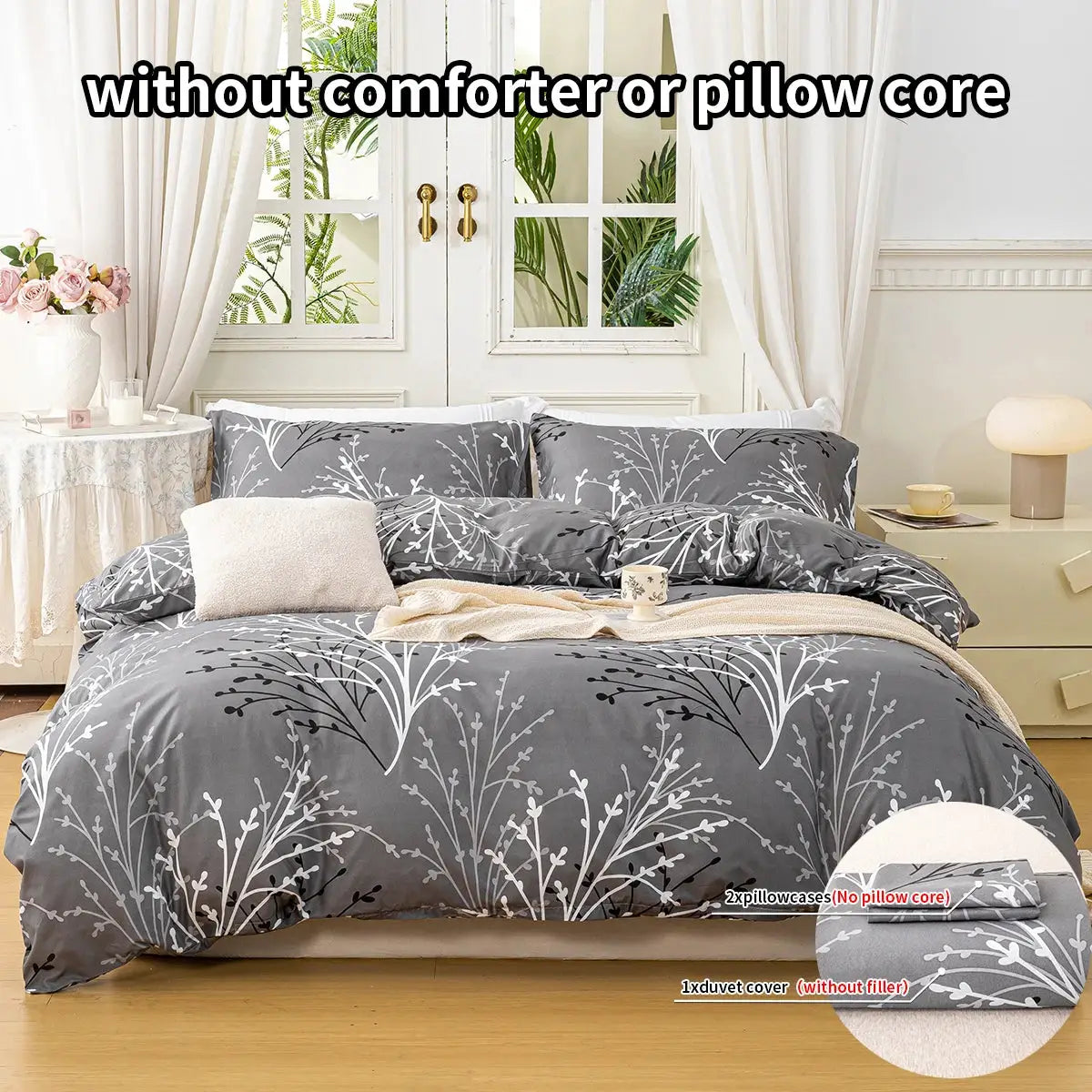 3-piece leaf floral duvet cover set in gray with white botanical pattern; includes 1 duvet cover and 2 pillowcases