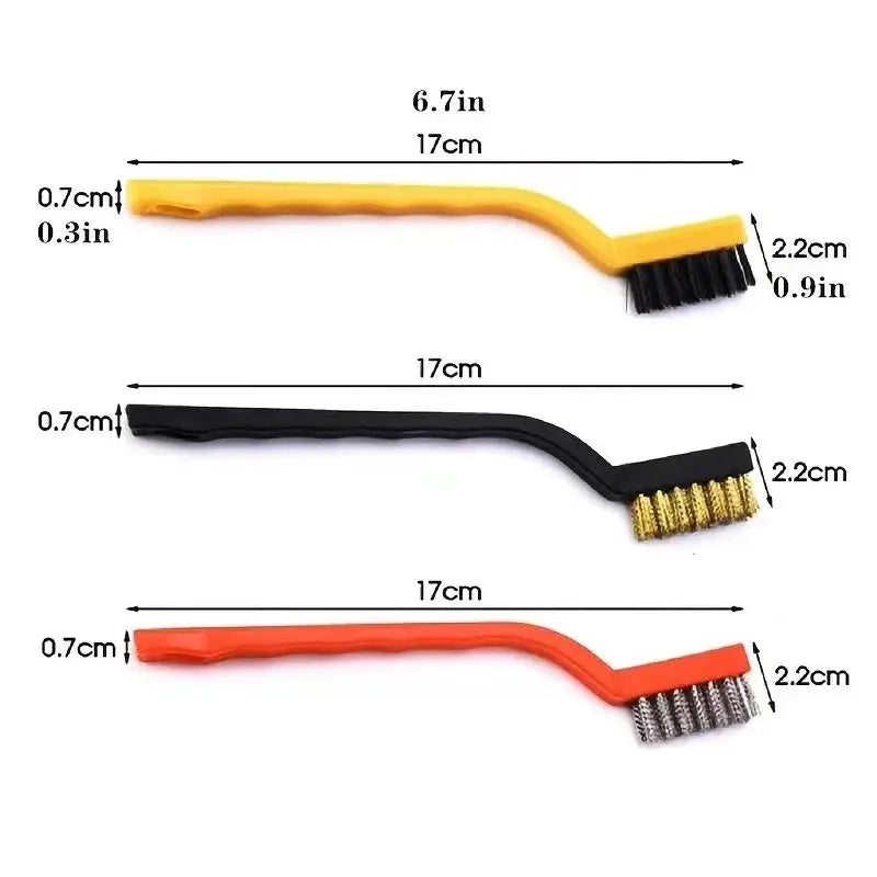 Three 7-inch metal wire brushes with yellow, black, and red handles; 3-piece cleaning set.
