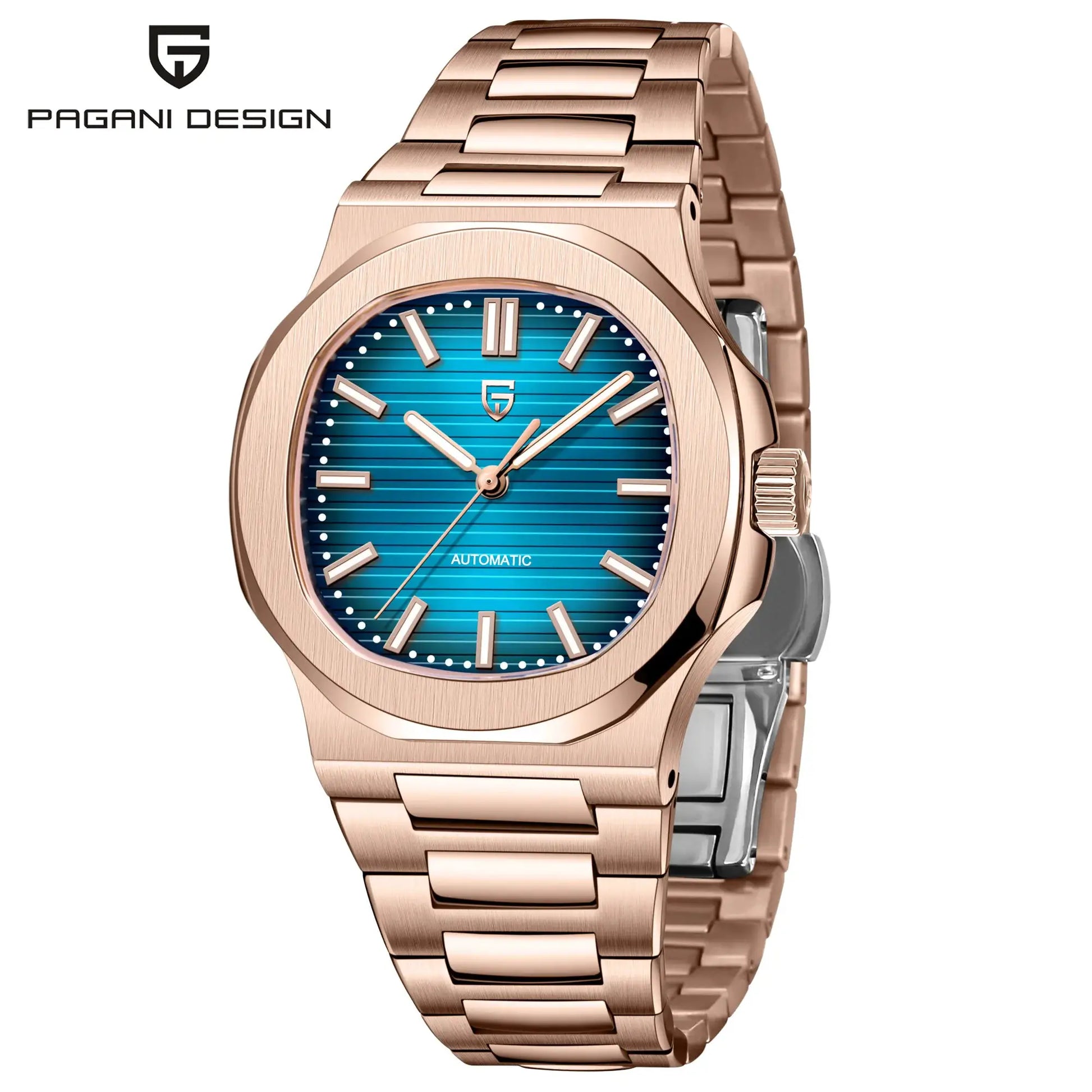 Pagani Design 40mm rose-gold stainless steel automatic men's watch with blue dial