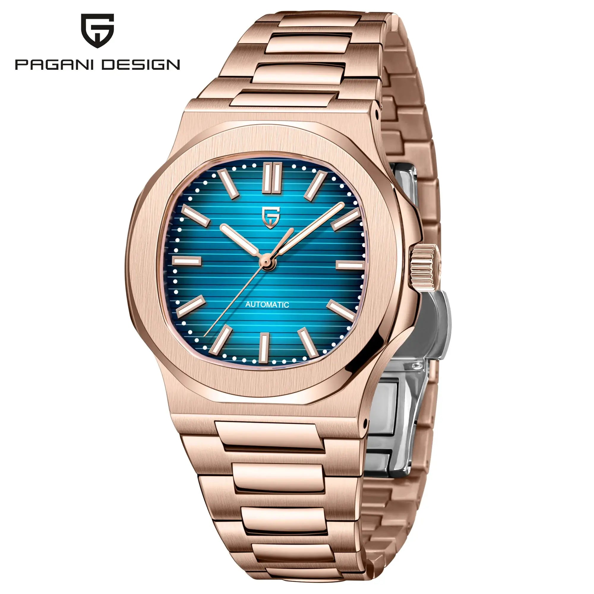 Pagani Design 40mm rose-gold stainless steel automatic men's watch with blue dial