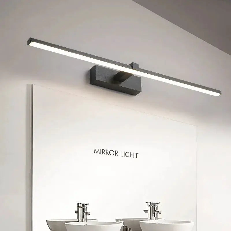 LED mirror light wall lamp in black with a long horizontal LED strip above a bathroom mirror