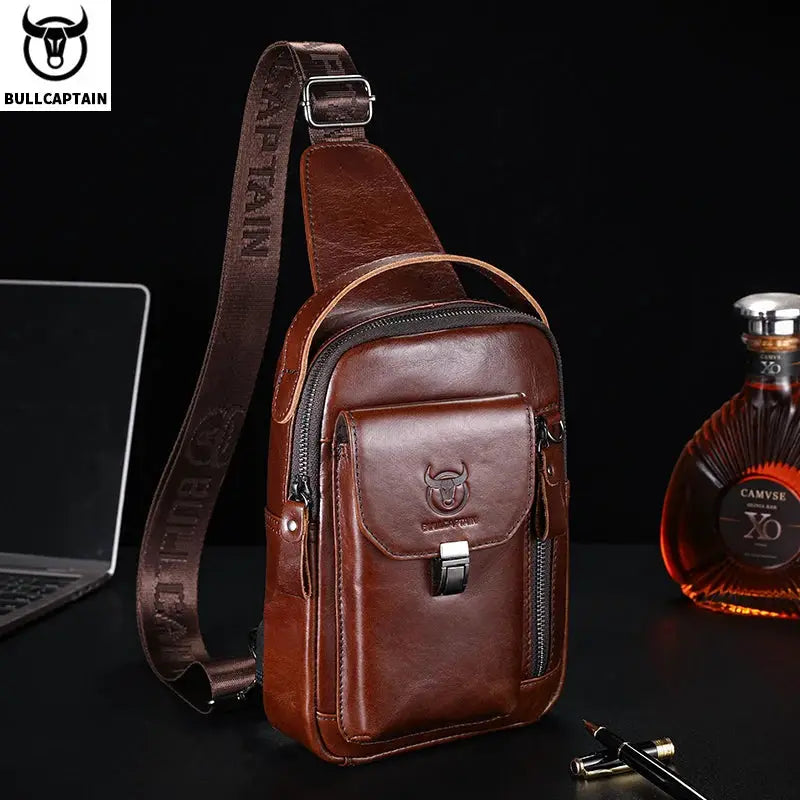 BULLCAPTAIN men's brown genuine leather chest bag with anti-theft crossbody design and 7.9-inch phone pocket