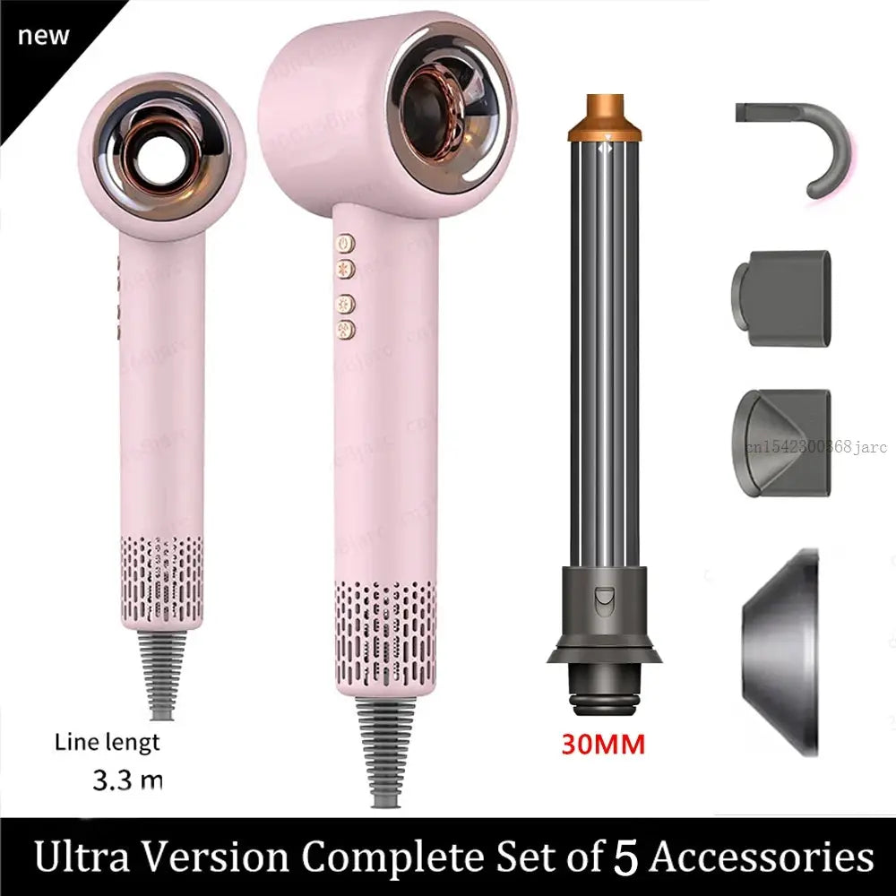 Simples Market pink leafless hair dryer 220V with negative ion tech, complete 5-accessory set, 3.3 m cord.