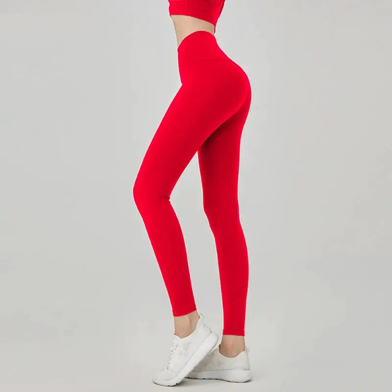 Women's red high-waisted yoga leggings, hip-lifting and breathable fitness pants