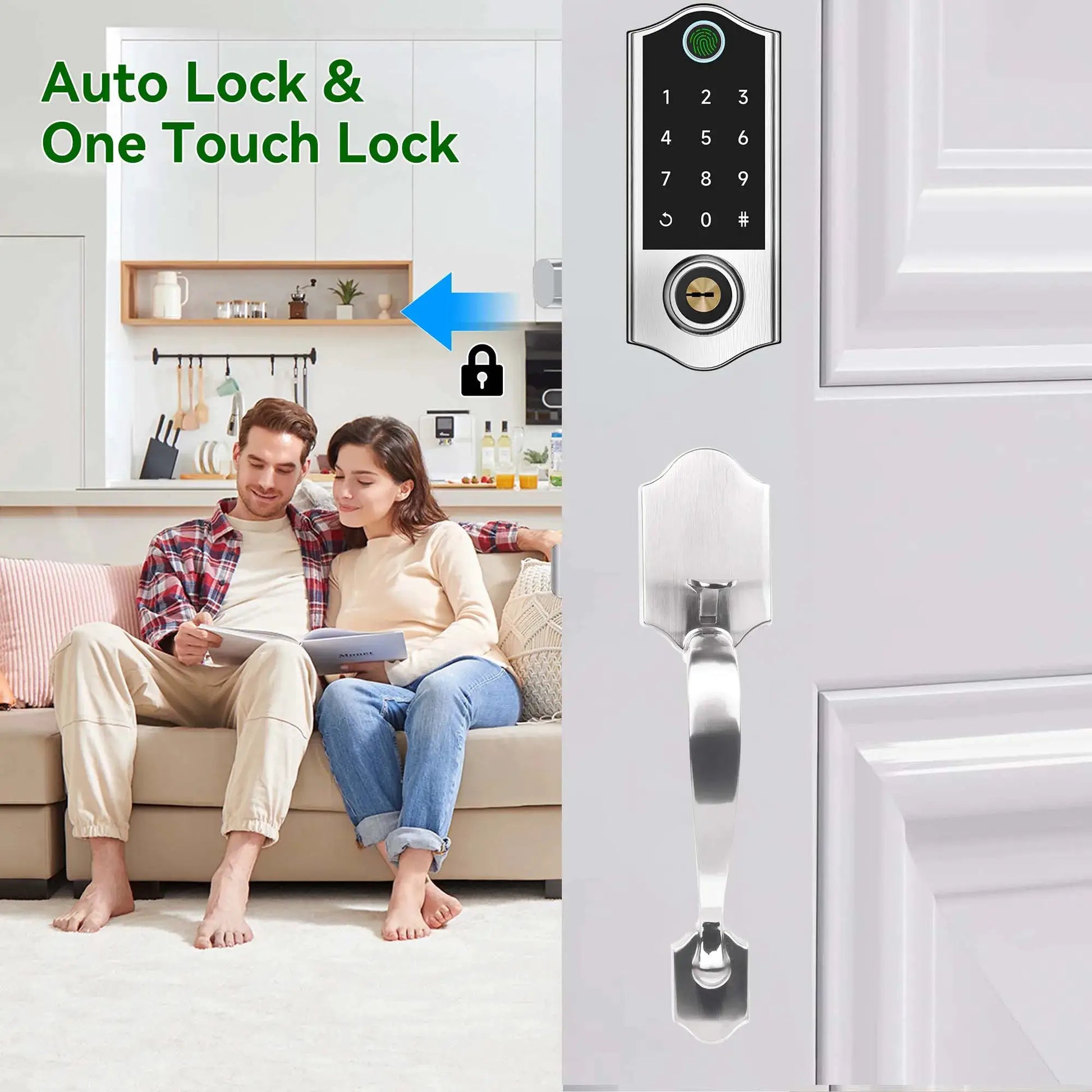 Keyless entry door lock with handle in satin nickel by Simples Market; keypad and fingerprint front-door lock.