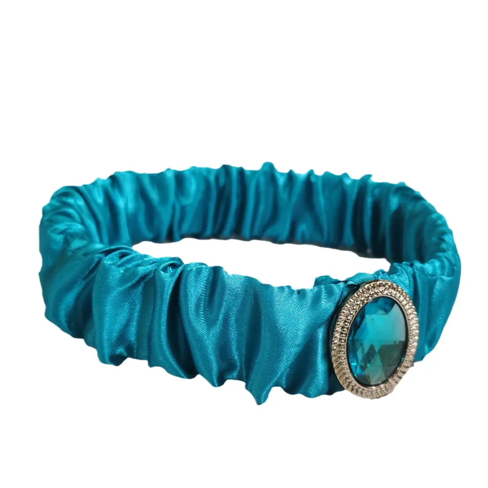 Elsa princess headband for kids, teal satin band with ornate jeweled centerpiece