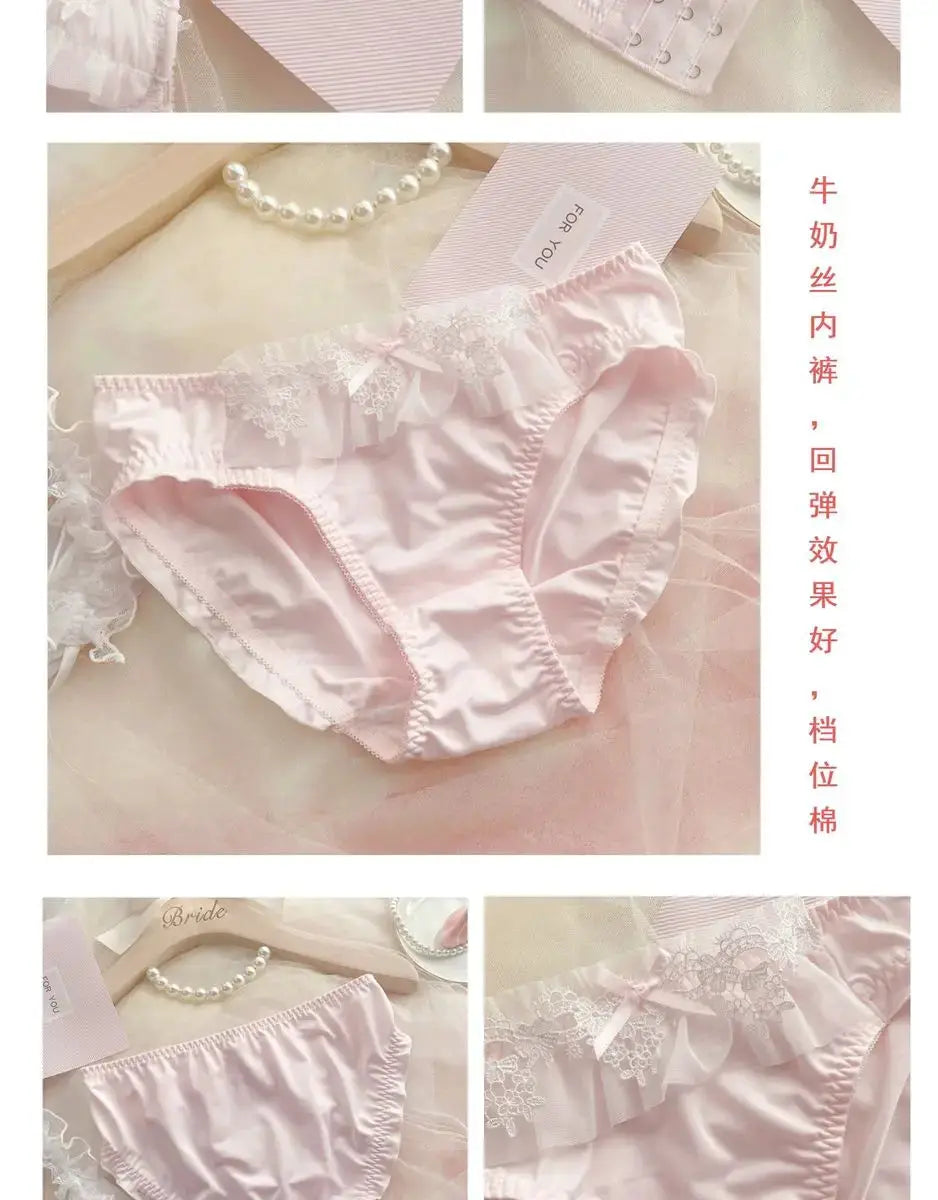 MOYISU pink lace lingerie set with bra and panties, delicate lace trim and bows