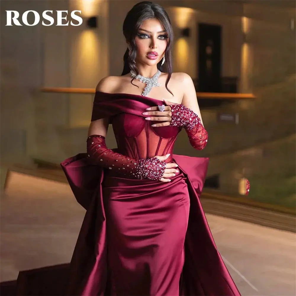Roses Burgundy Mermaid Prom Dress One Shoulder Beading Bow Sleeve