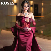 Roses Burgundy Mermaid Prom Dress One Shoulder Beading Bow Sleeve