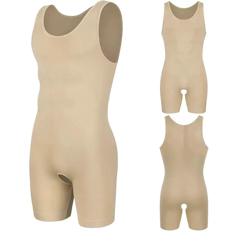 Men's full-body shapewear beige sleeveless seamless compression bodysuit with tummy control.