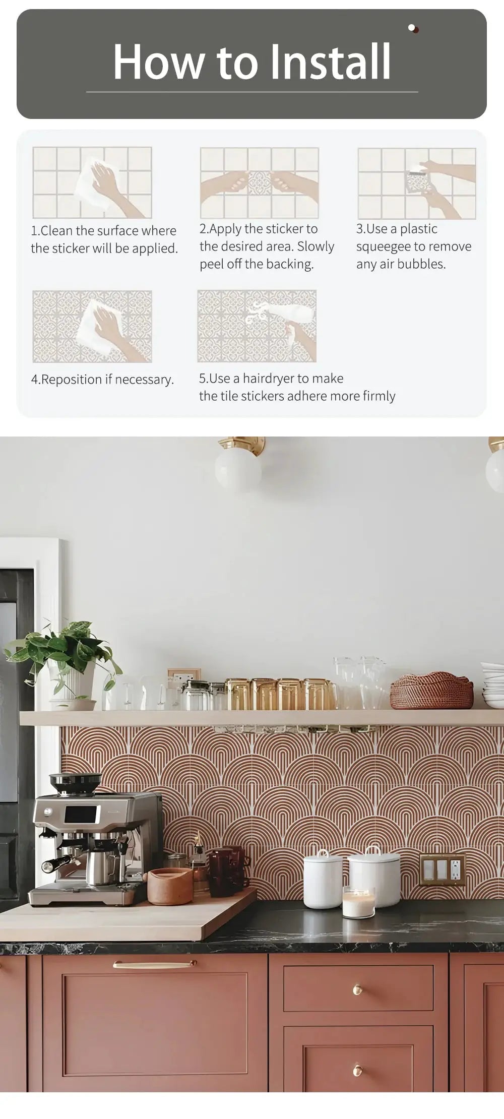 Simples Market 10-pack abstract matte kitchen backsplash tile decals; self-adhesive, peel-and-stick vinyl.