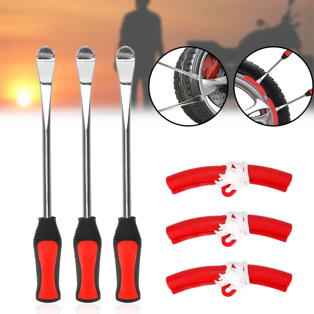 Simples Market rim protector tire lever kit with 3 chrome auto spoon levers and 3 red bead protectors