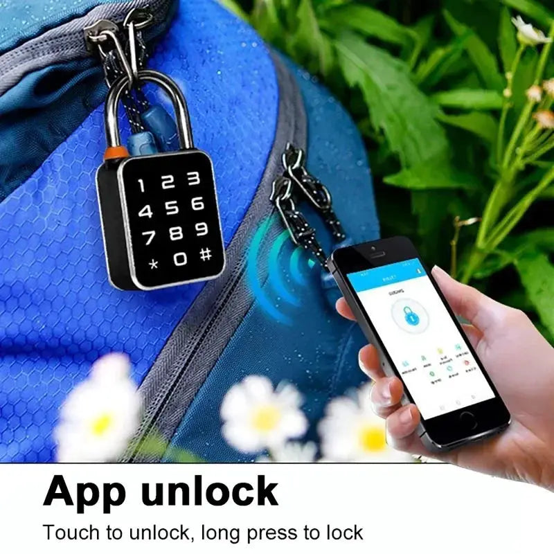 3-in-1 mini smart padlock with black numeric keypad, USB charging, app unlock on smartphone
