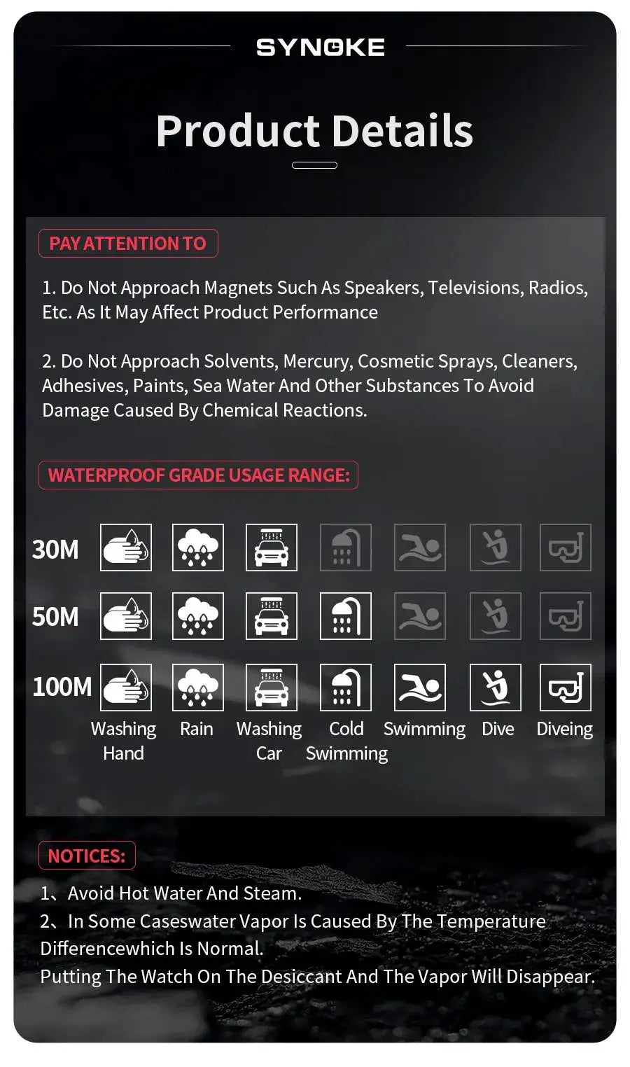 SYNOKE men's digital sports watch on black packaging with large screen and 100m waterproof rating