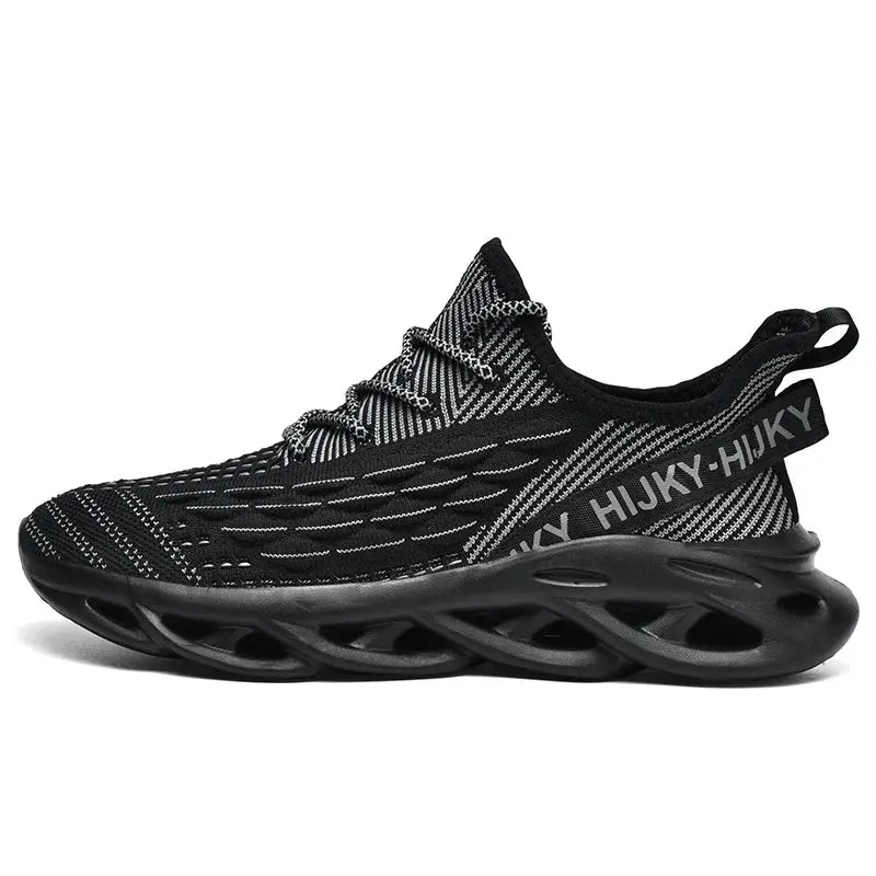 Men's sneakers in black and gray knit with breathable upper and sculpted sole.