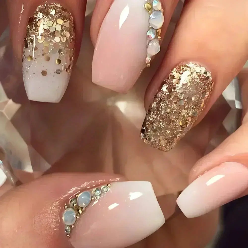 GlamNail Pro 24Pcs Short Square Coffin Press On Nails Set With Glue French Glitter Ballet Style