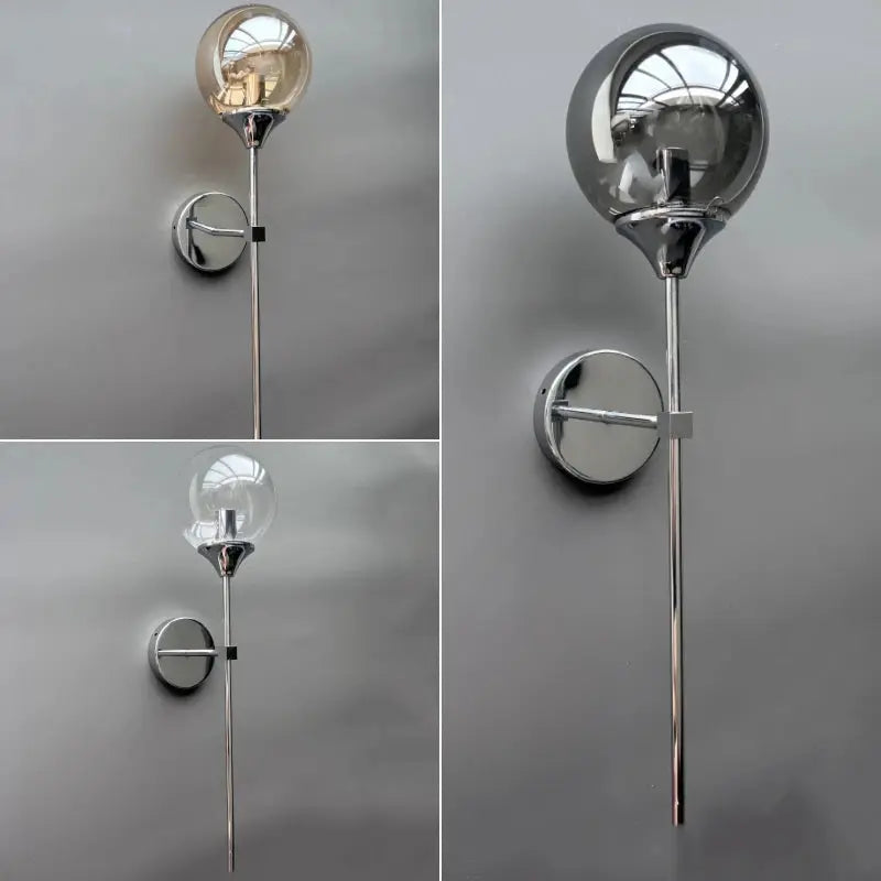 Modern glass wall lamp with round globe and chrome finish, shown in a three-view collage on a grey wall