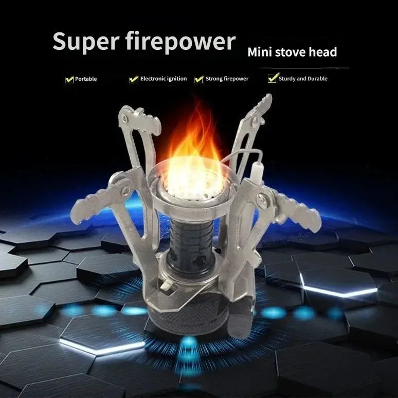 Portable aluminum camping gas stove by Simples Market with fold-out arms, lightweight outdoor cooking furnace.
