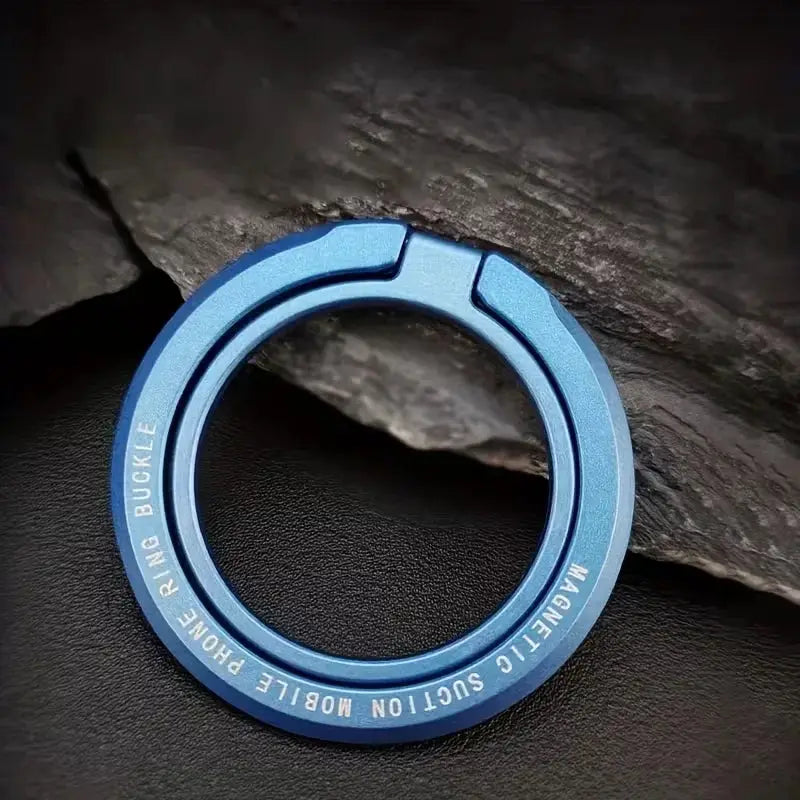 Blue magnetic phone ring holder with kickstand, circular metal grip for iPhone, Samsung, Xiaomi