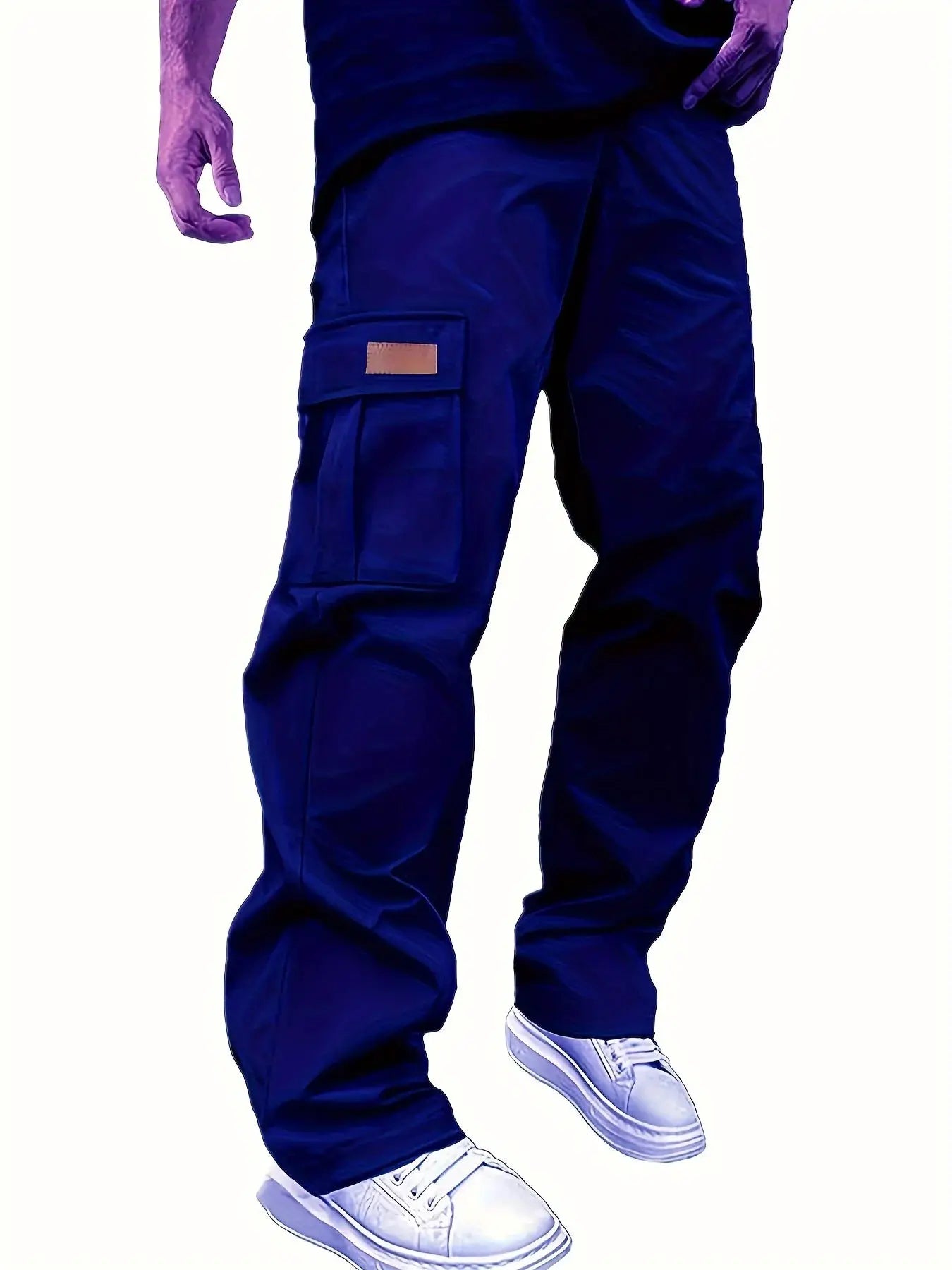 Men's navy blue cargo work pants with multiple pockets and drawstring waist, shown with white sneakers