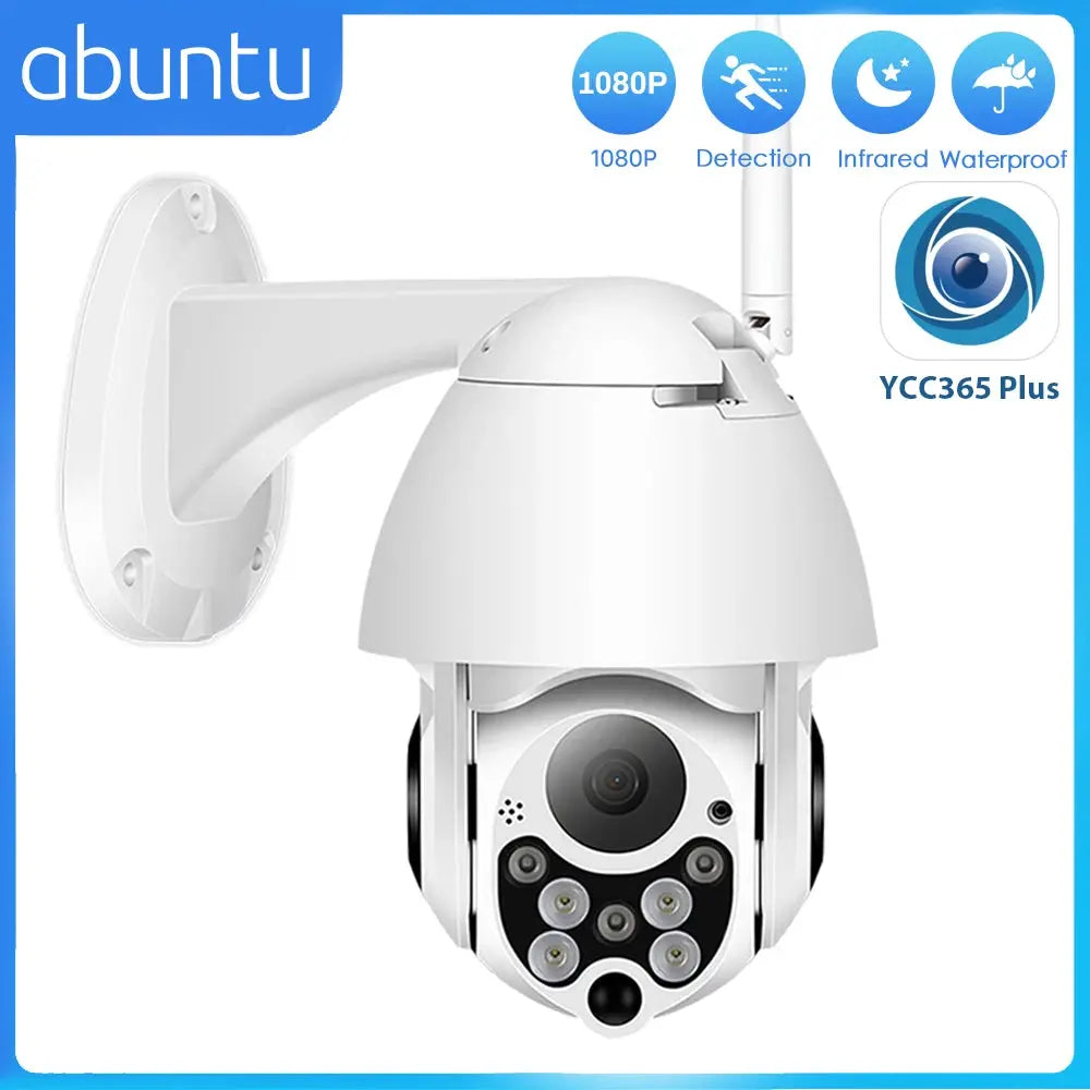 YCC365 Plus PTZ outdoor 1080P wifi security camera with 4x zoom, white speed dome on wall mount