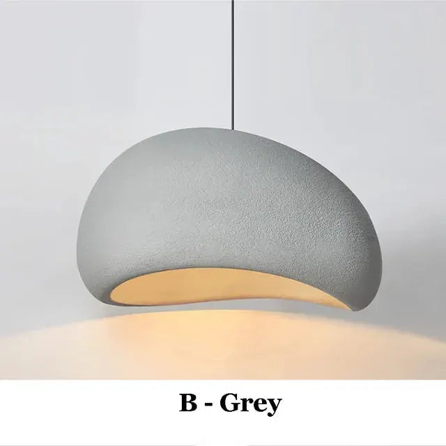 Simples Market Nordic Wabi Sabi grey pendant lamp with curved dome LED ceiling chandelier, warm underside light.