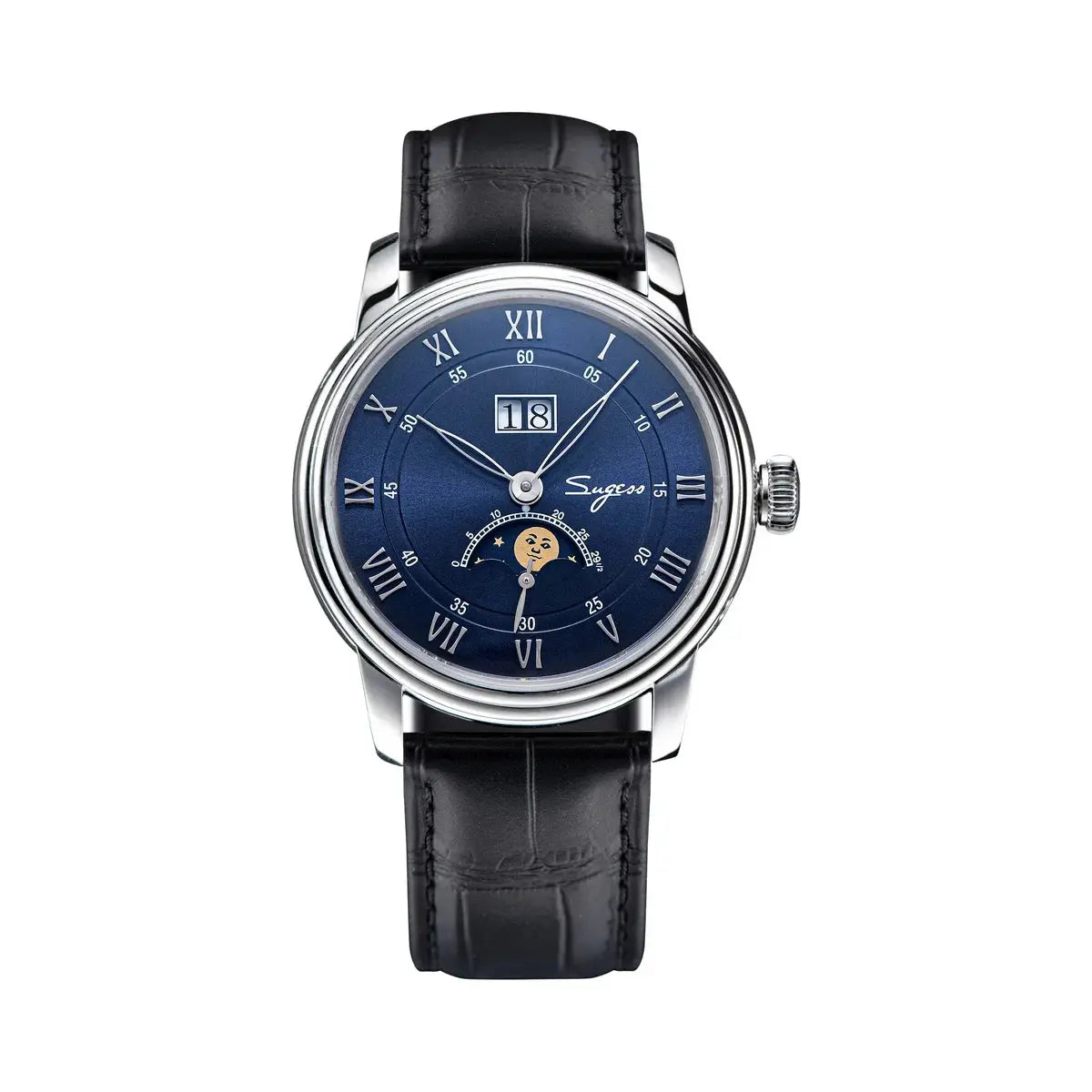 Sugess Moonphase men's watch, 40mm stainless steel case, blue dial with moonphase subdial, black leather strap.
