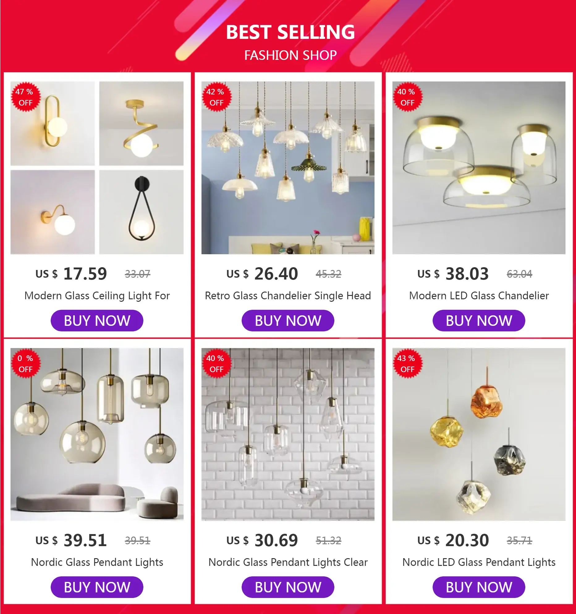Nordic Glass Pendant Lights collection with multiple hanging lamps in different styles for dining, bedroom and cafe.