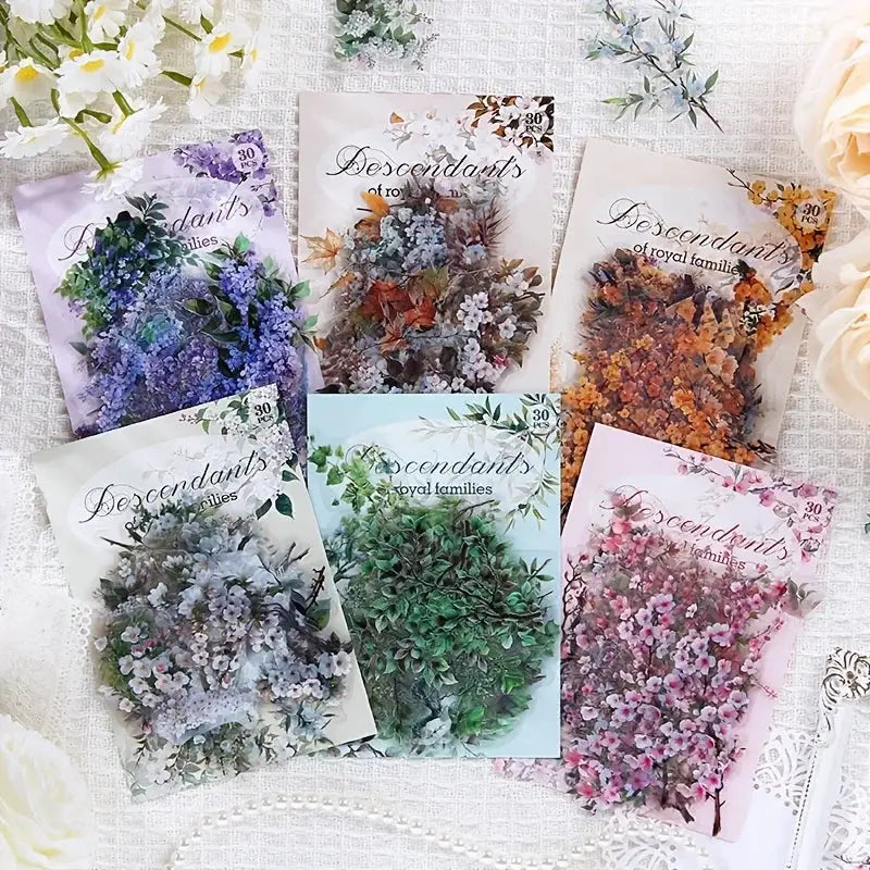 30 Pcs Vintage Plant Flowers PET Waterproof Stickers For DIY Scrapbooking Journal Photo Album Decoration