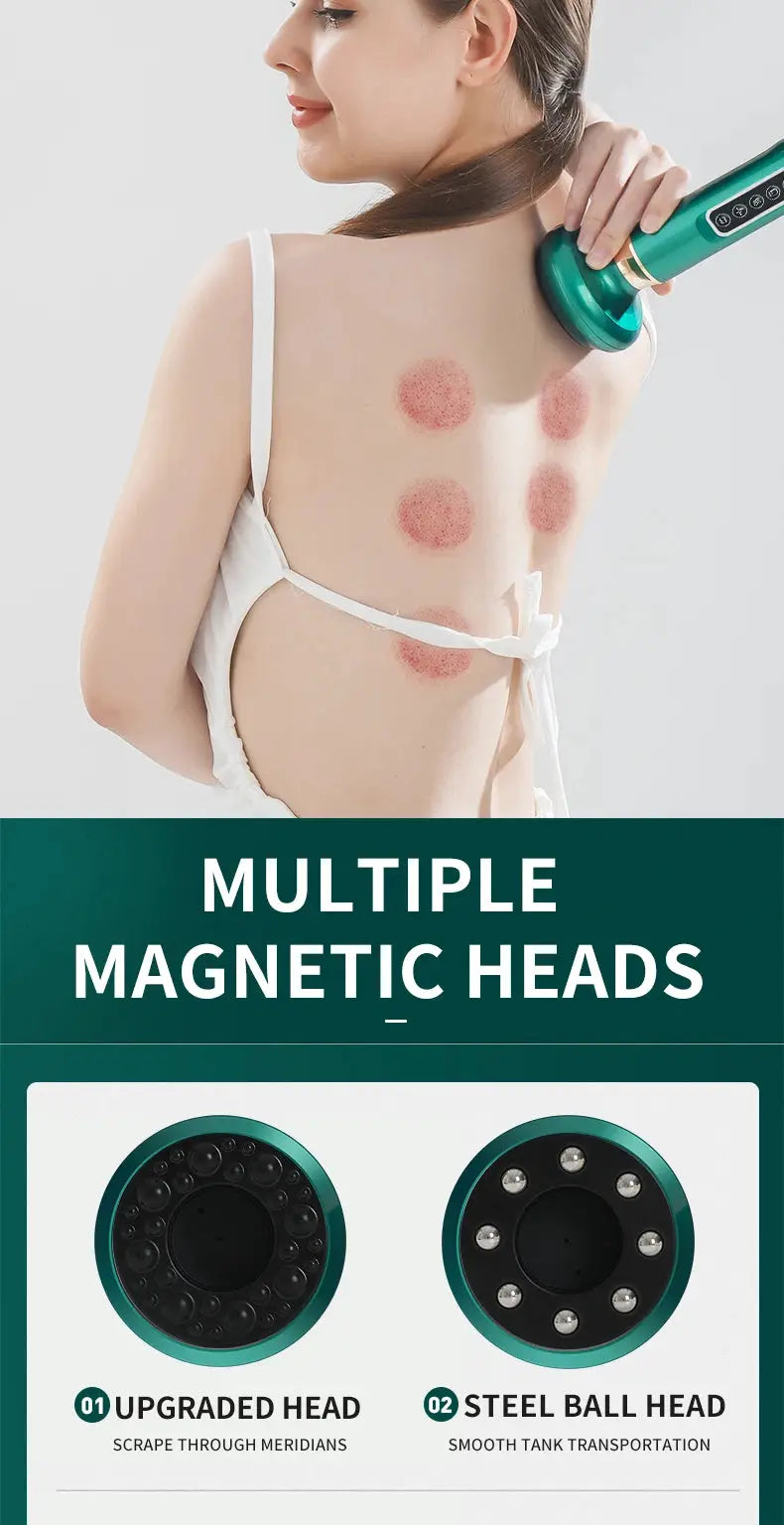 Tricolor electric massager with vacuum suction on back; green handheld device with two magnetic heads