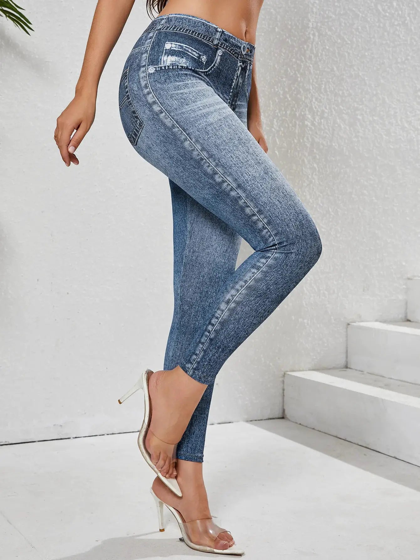Simples Market women's imitation denim leggings with pockets; high-stretch tummy-control blue gym pants.