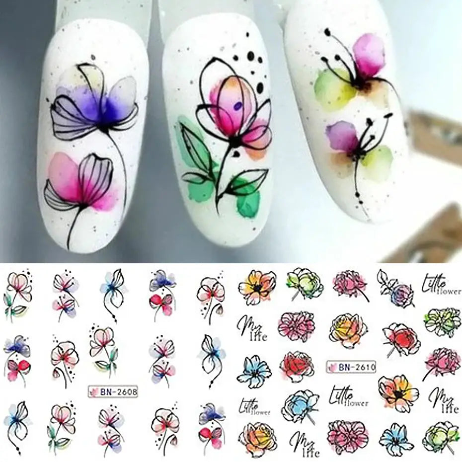Nail art stickers 12 pcs ink flowers watercolor decals for nails with leaves by Simples Market