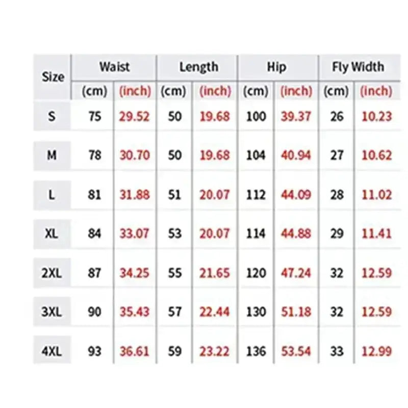 American Retro men's plus-size sports casual shorts size chart with waist, length, hip and fly width (S-4XL).