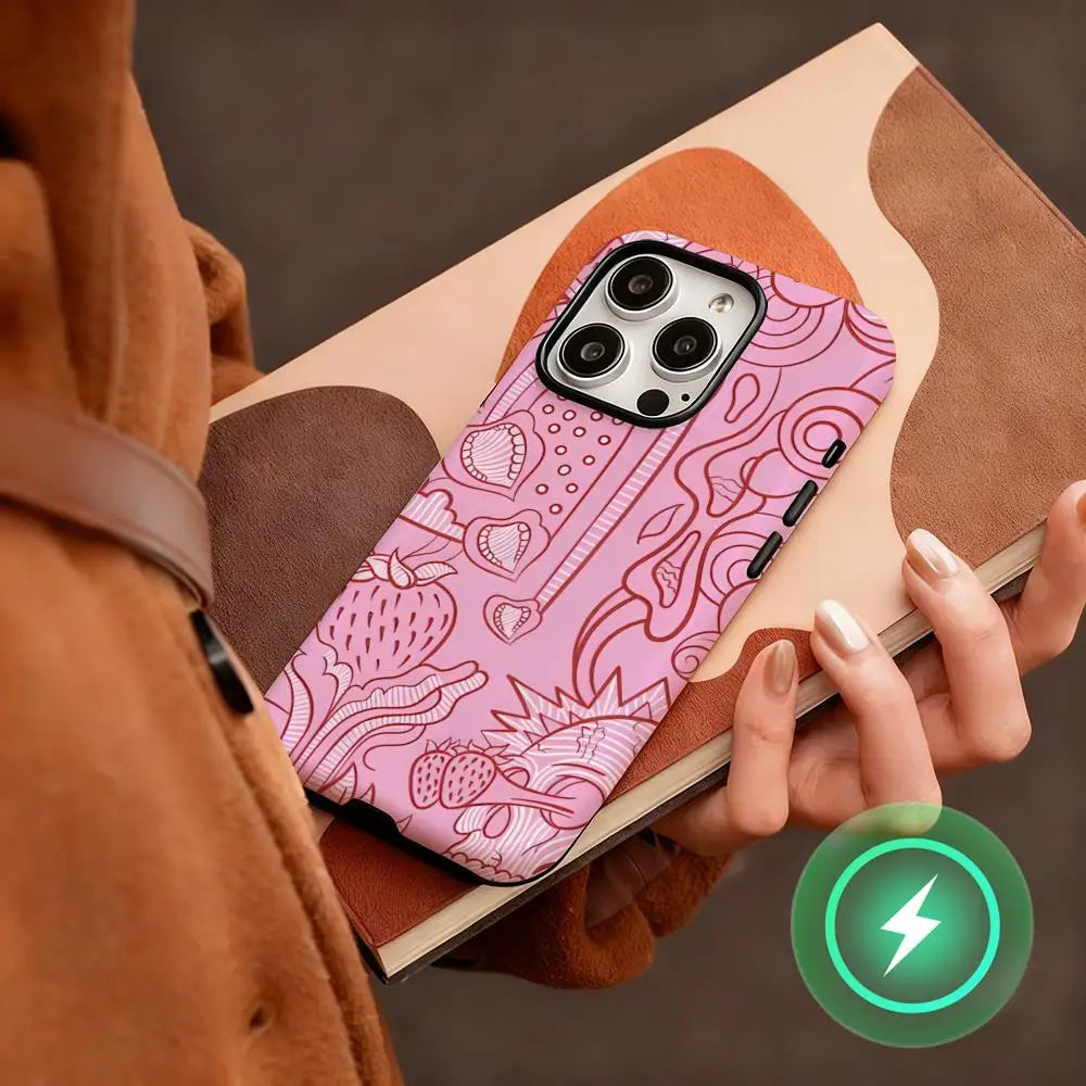 Simples Market M-MonsterES pink glossy 2-in-1 magnetic phone case for iPhone with energy-drink doodle design