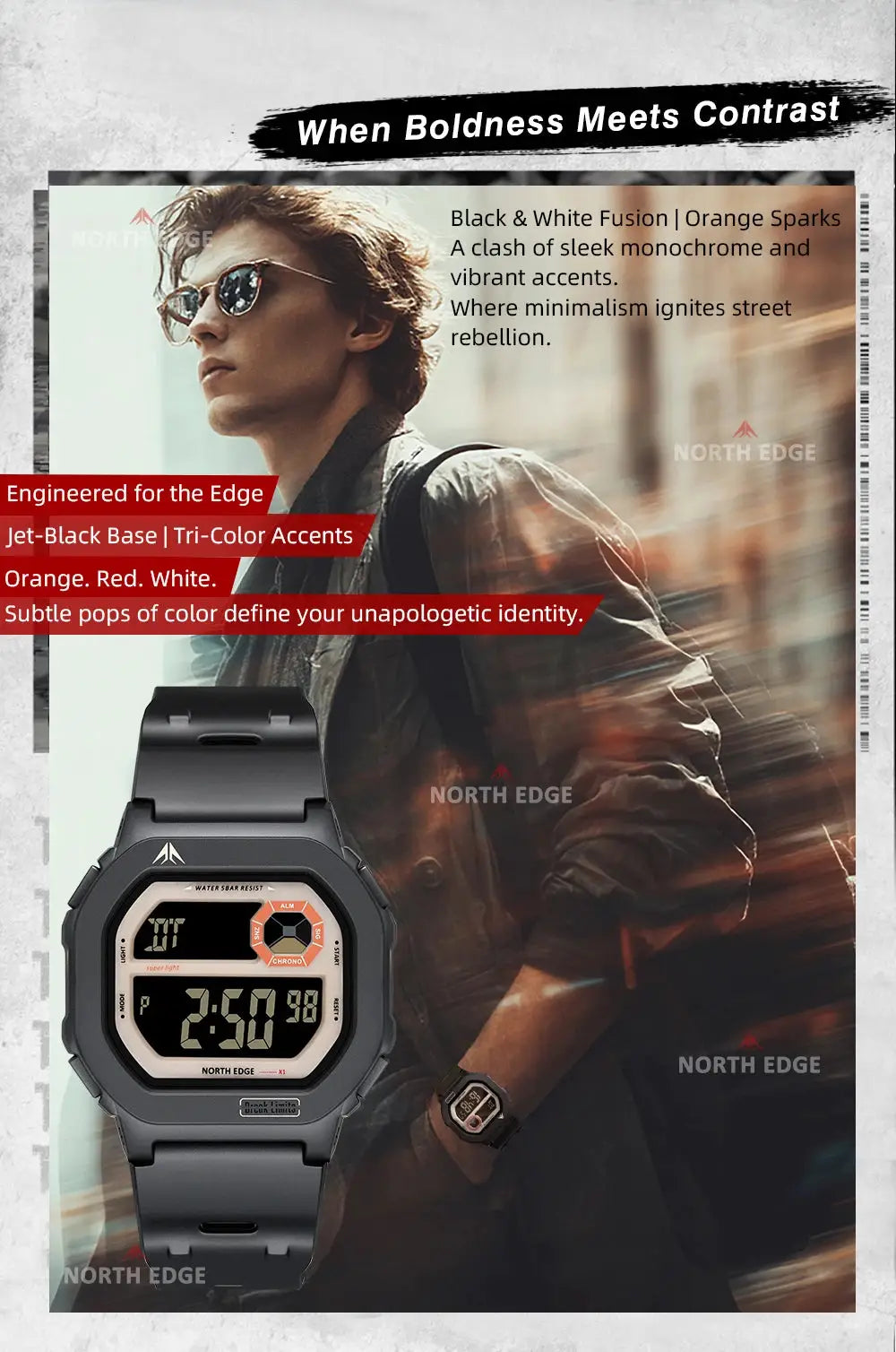 North Edge X1 square-screen digital watch, black/gray with orange accents.