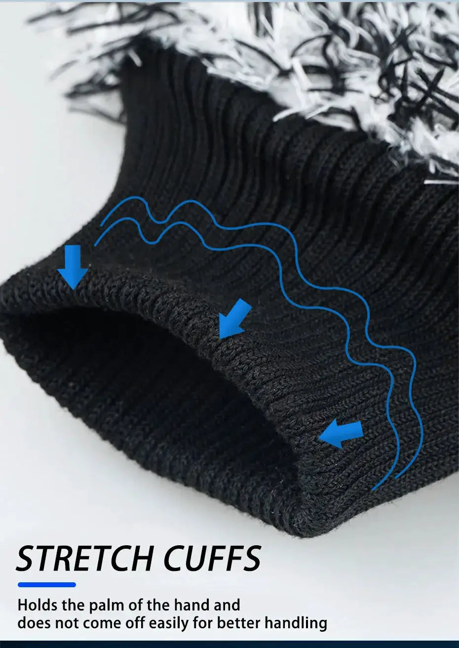 Car wash mitt with stretch cuffs; black knitted fabric for secure grip and easy cleaning
