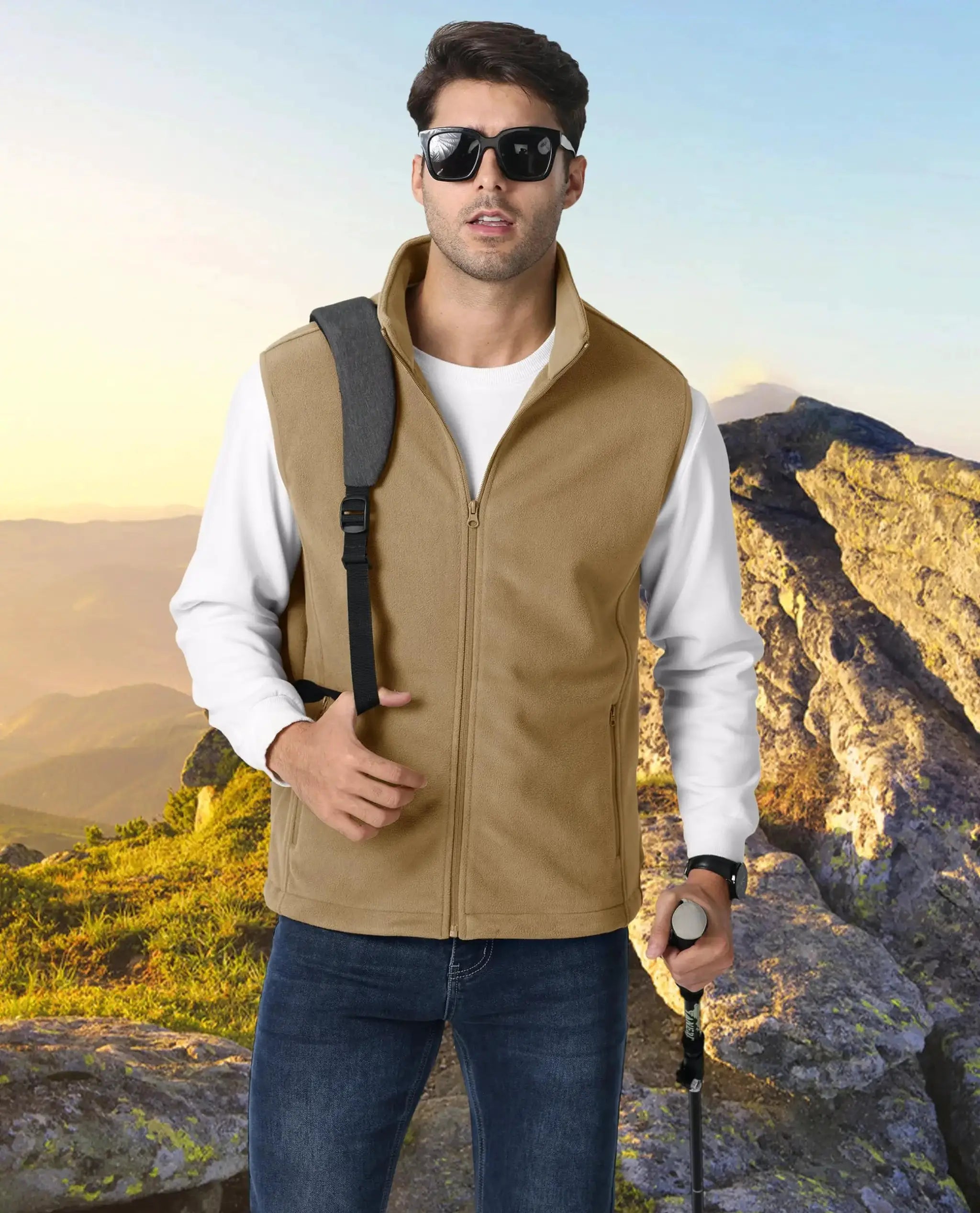 TACVASEN fleece vest jacket for men, tan sleeveless with stand collar, outdoor hiking waistcoat