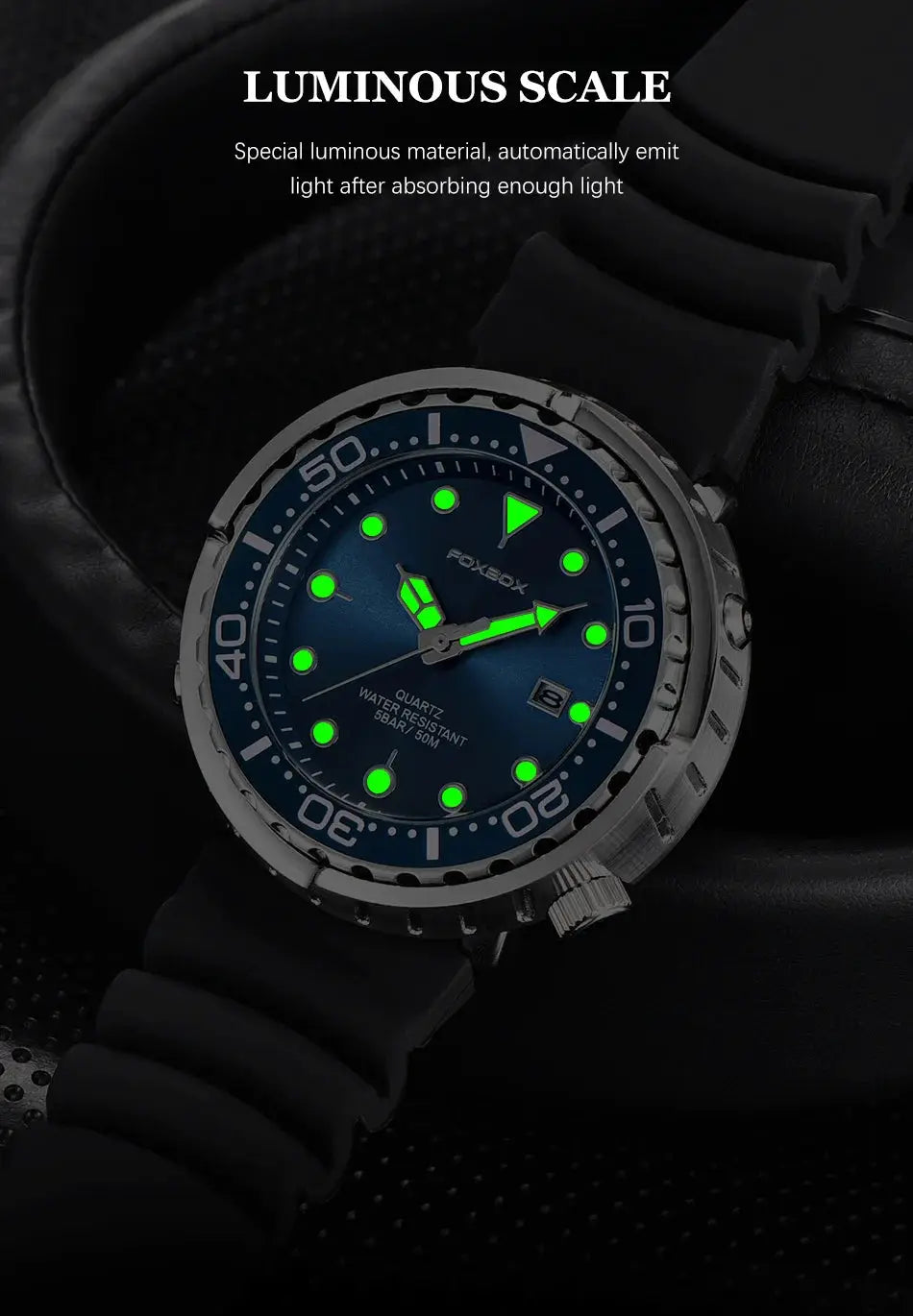 Men's Foxbox diver watch with blue dial and green luminous markers, stainless steel case.