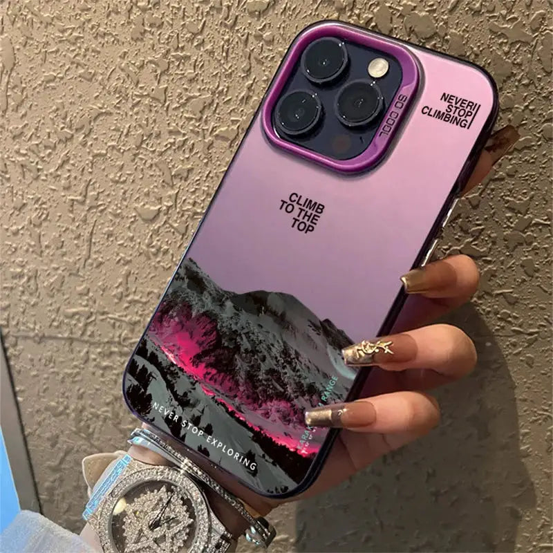 SnowPeak Snow Mountain Sunset Electroplate Phone Case For iPhone 11 To 16 Pro Max Durable Silver Shield