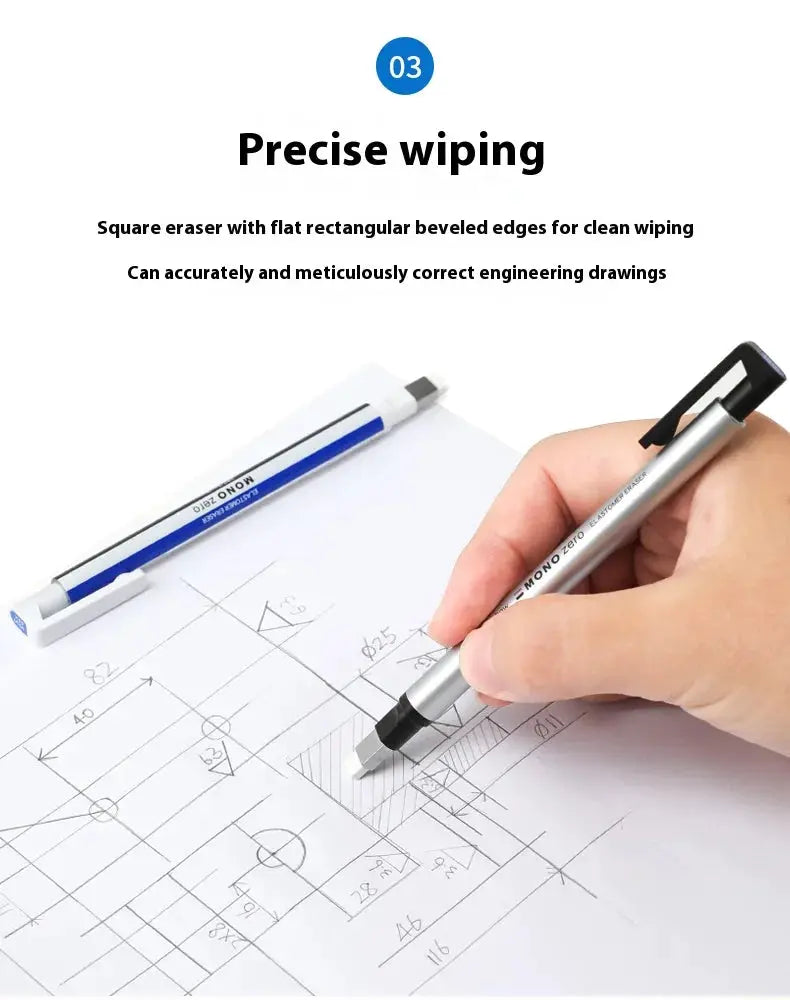 Tombow precision eraser pen with metal tip; refillable, two pens shown on drafting paper