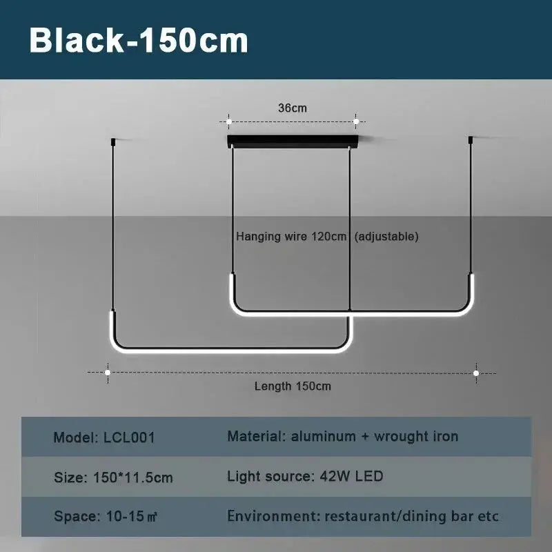 Modern LED Strip Chandelier Light, black aluminum + wrought iron, 150cm, 42W LED, Simples Market