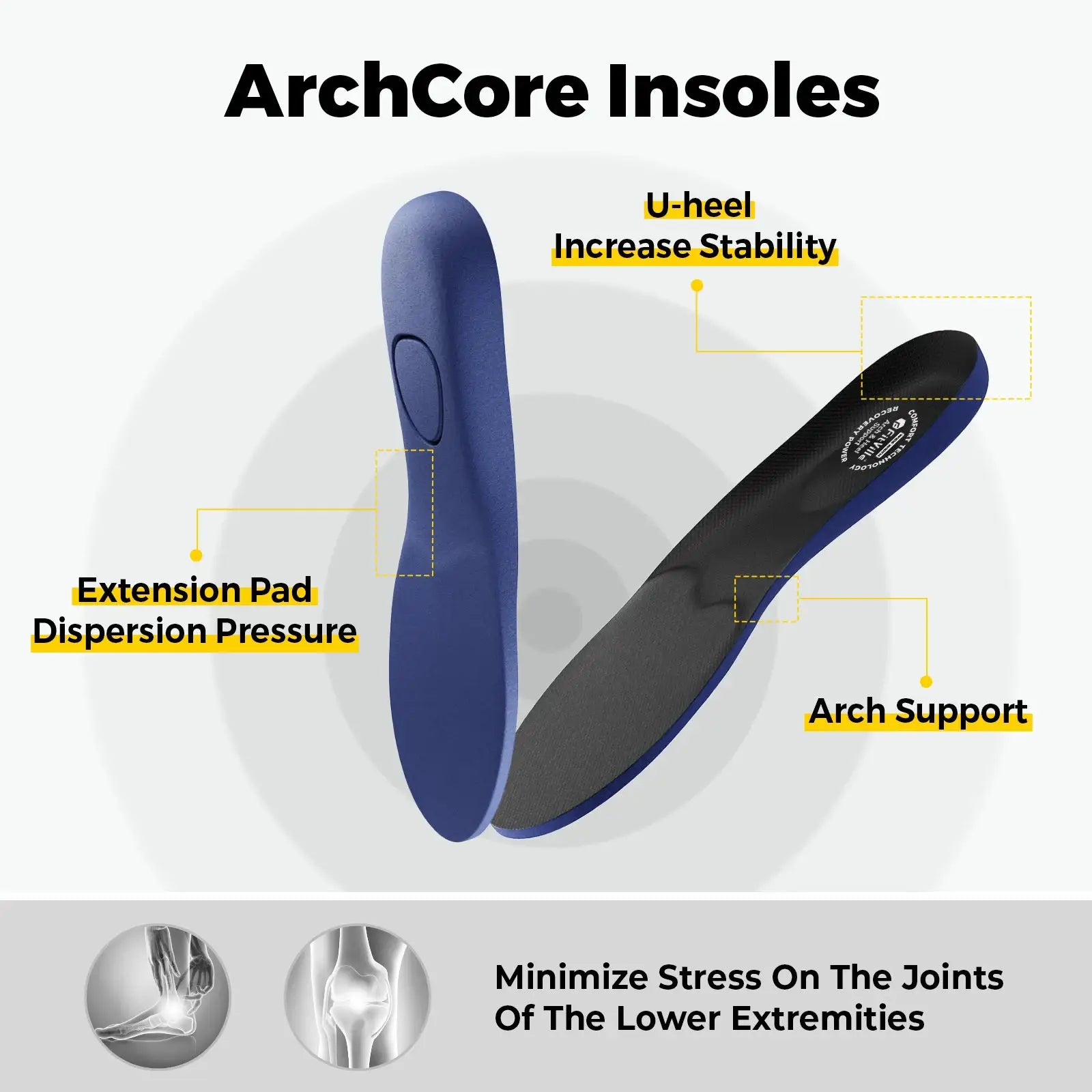 ArchCore Insoles: blue and black insoles with arch support and U-heel stability.