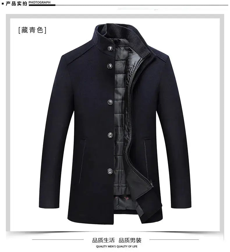 Men's navy wool trench coat with quilted lining, stand collar, and button-front closure