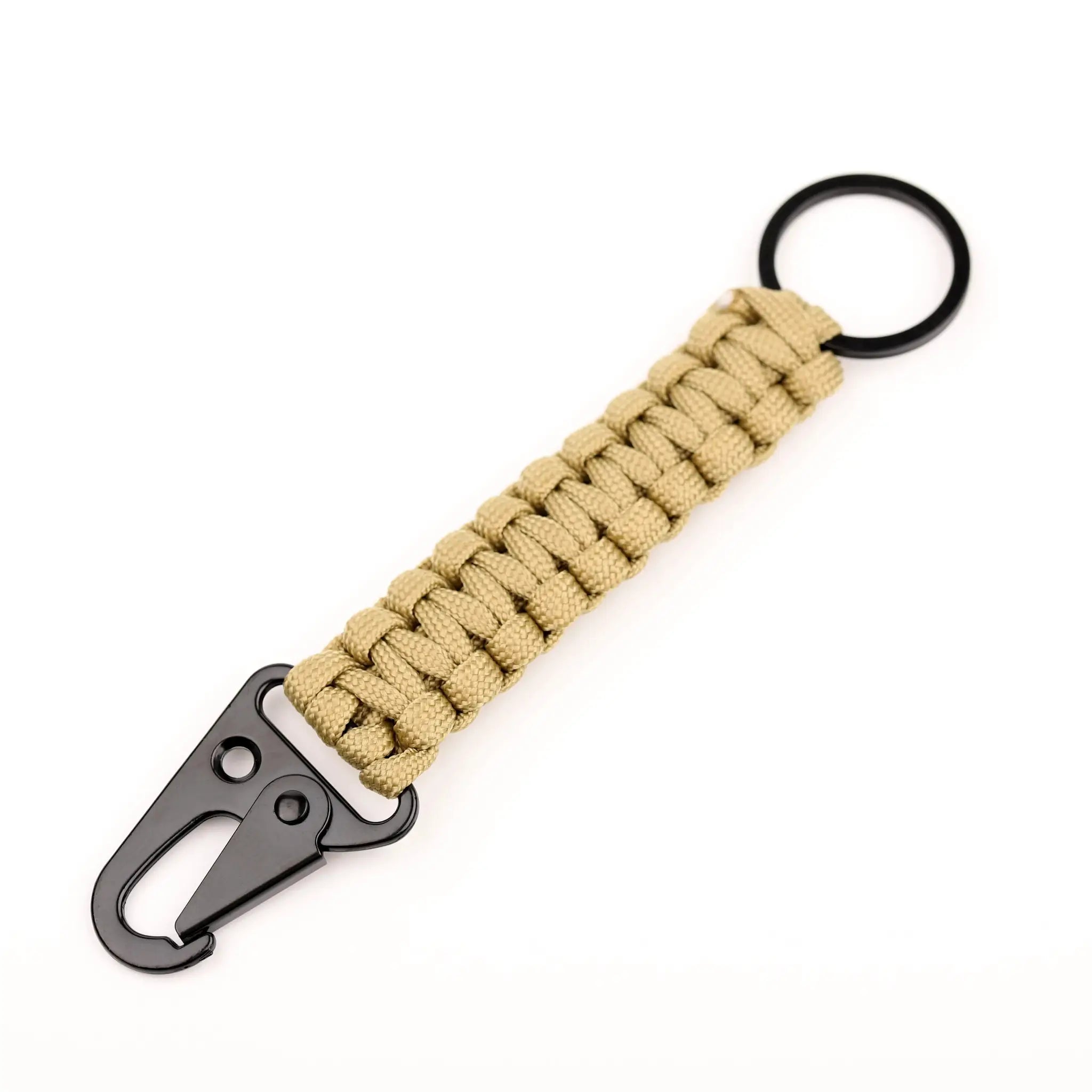 Paracord keychain with tan braided paracord and black metal carabiner bottle opener