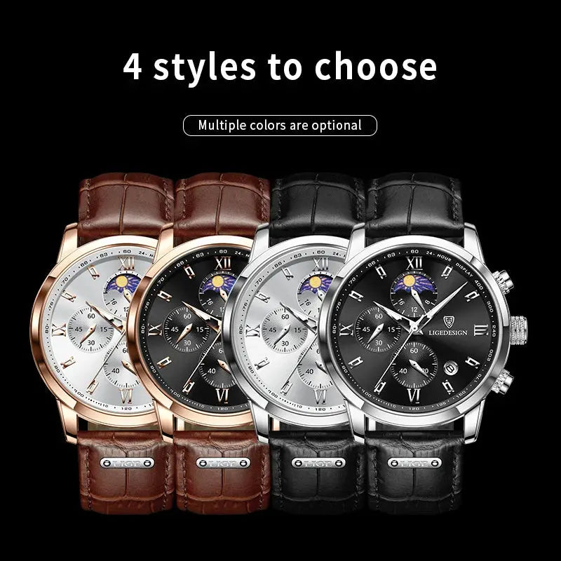 LIGE men's wristwatch set; four leather-strapped styles in gold, rose gold, and silver cases with chronograph dials